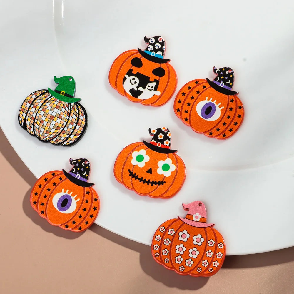 10pcs/lot Halloween Cute Charms Creative Ghost Pumpkin Acrylic Print Pendant for DIY Jewelry Making Necklace Earring Accessories