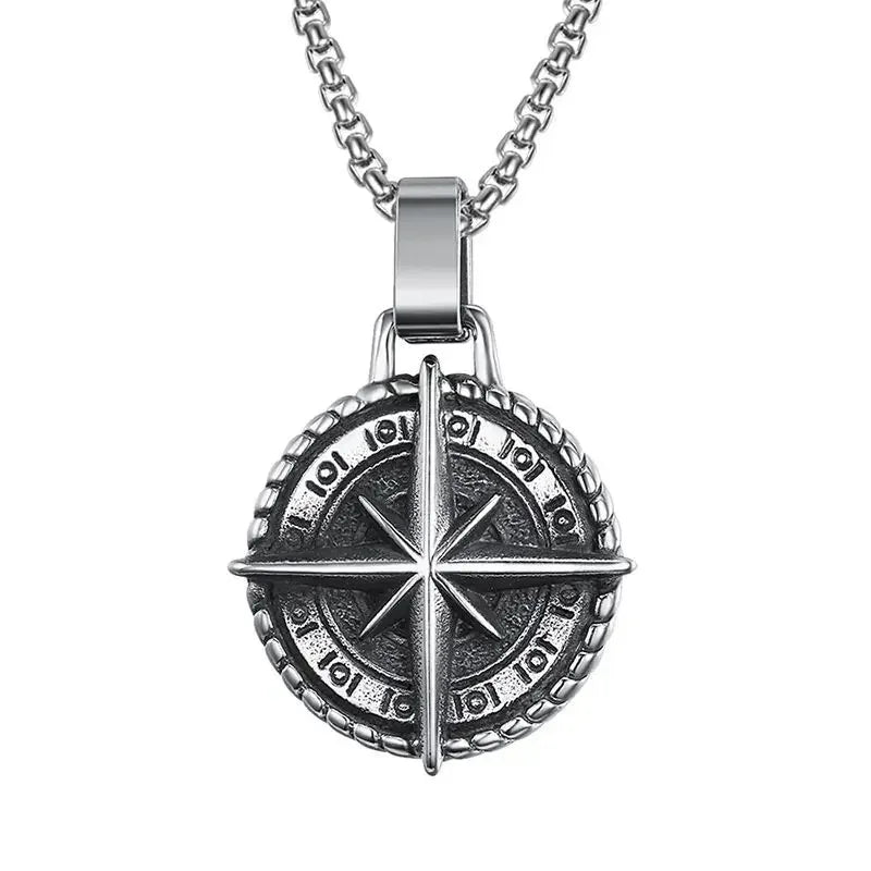 Gold Color Cross Compass Polaris Pendant Round Coin Necklace Men and Women Charm Hip Hop Rock Casual Party Jewelry Gift