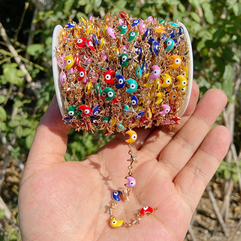 Colorful Evil Eye Beads Chains Stainless Steel Link Pearl Beaded Chains Turkey Eye Link Chain for Necklace Making Jewelry DIY