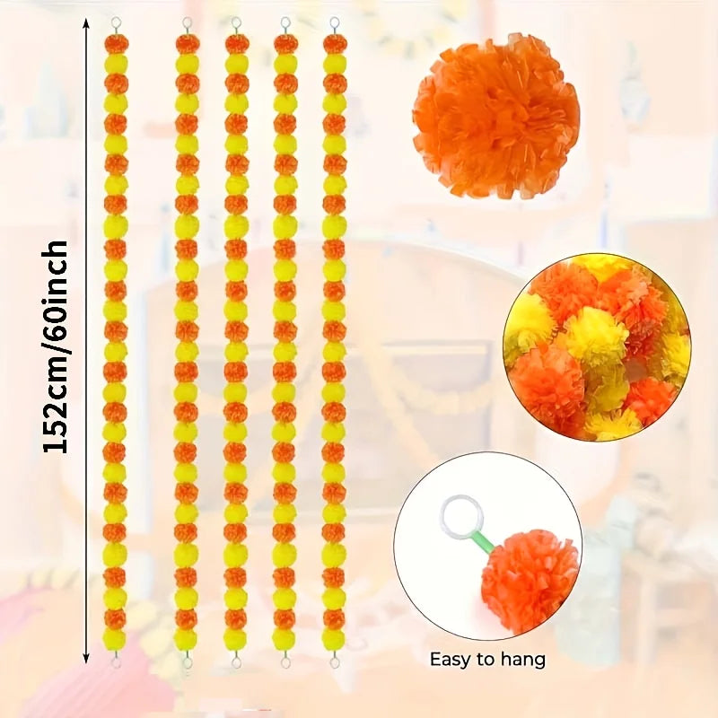 1pcs Marigold Garland for Decoration Artificial Marigold Flower Diwali Indian Wedding Mexico Dia De Los Muertos Halloween Decors