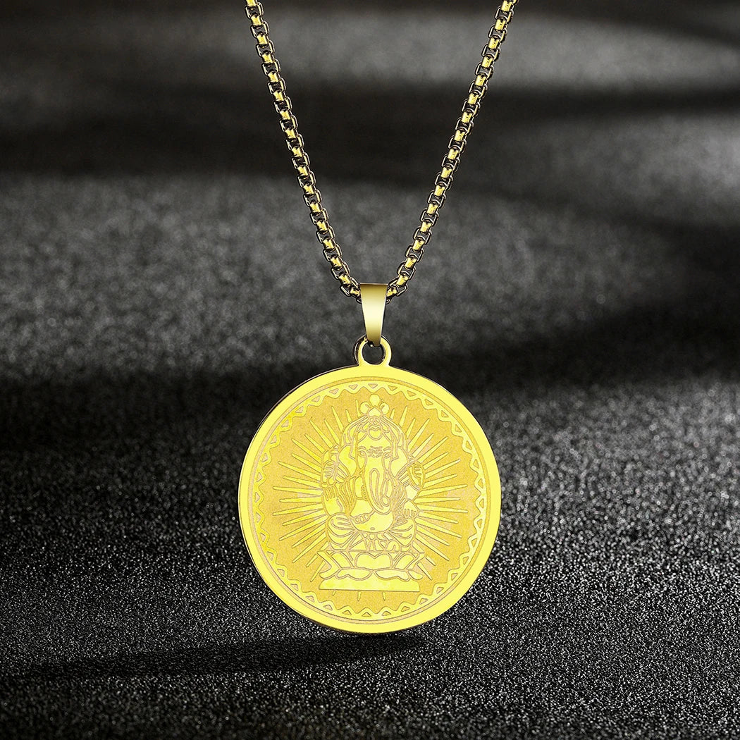 Chandler Stainless Steel Ganesha Coin Necklace For Man Lord Medallion Gold Plated Pendant Hindu Him