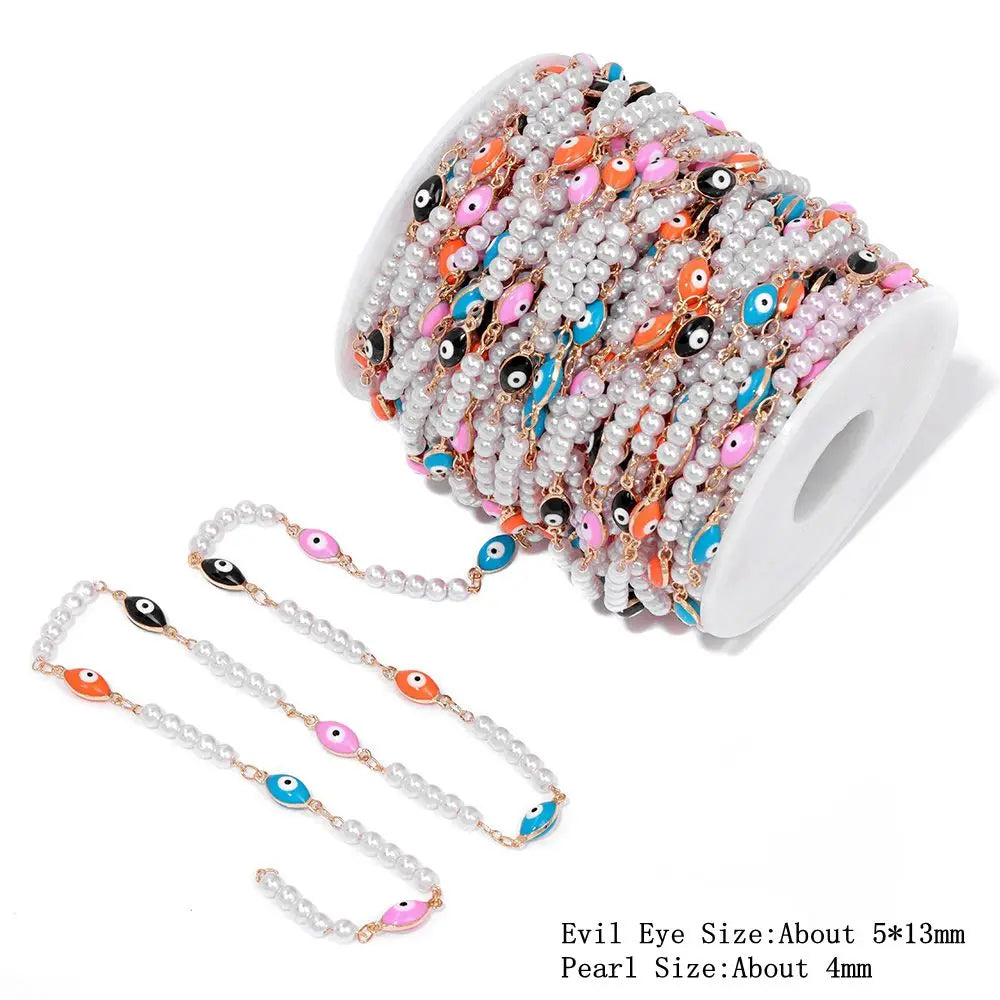Colorful Evil Eye Beads Chains Stainless Steel Link Pearl Beaded Chains Turkey Eye Link Chain for Necklace Making Jewelry DIY