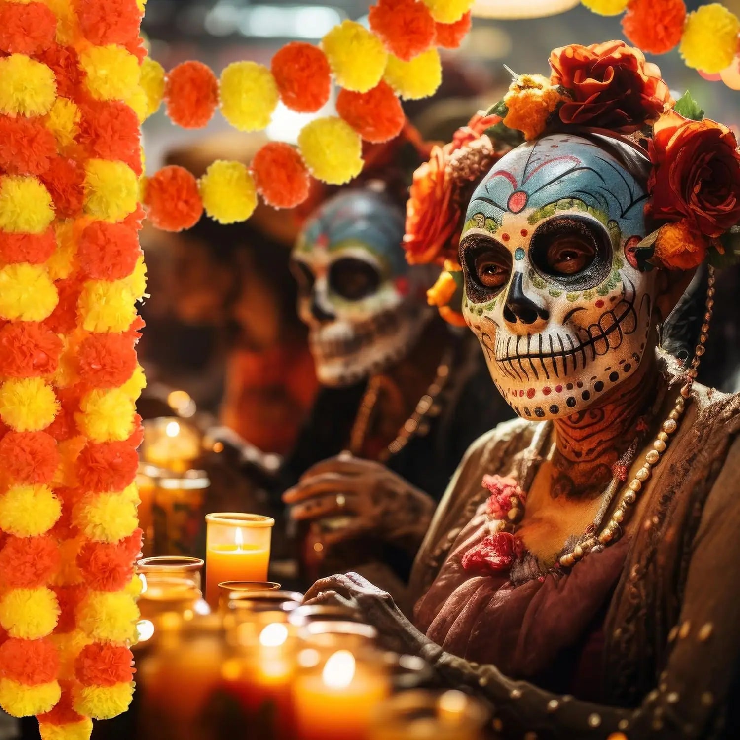 1pcs Marigold Garland for Decoration Artificial Marigold Flower Diwali Indian Wedding Mexico Dia De Los Muertos Halloween Decors