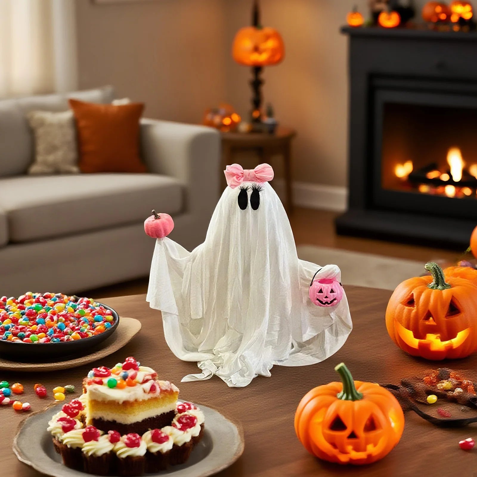 Halloween Ghost Holding Pink Pumpkin Halloween Decorations Indoor Spooky Ghost Decor Halloween Party Desktop Decoration Ornament