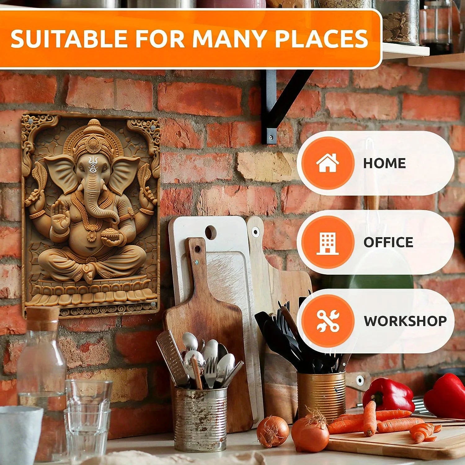 1Pc Ganesha Aluminum Wall Art, 8x12 Inch Moisture Resistant 2D Embossed Hindu Deity Plaque, High Durability Metal