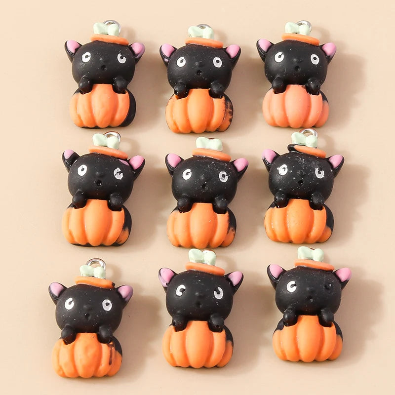 Leslie 10Pcs New Resin Halloween Charms Kawaii Cat Spider Castle Ghost Pumpkin Charms Pendants Decor DIY Earring Jewelry Making