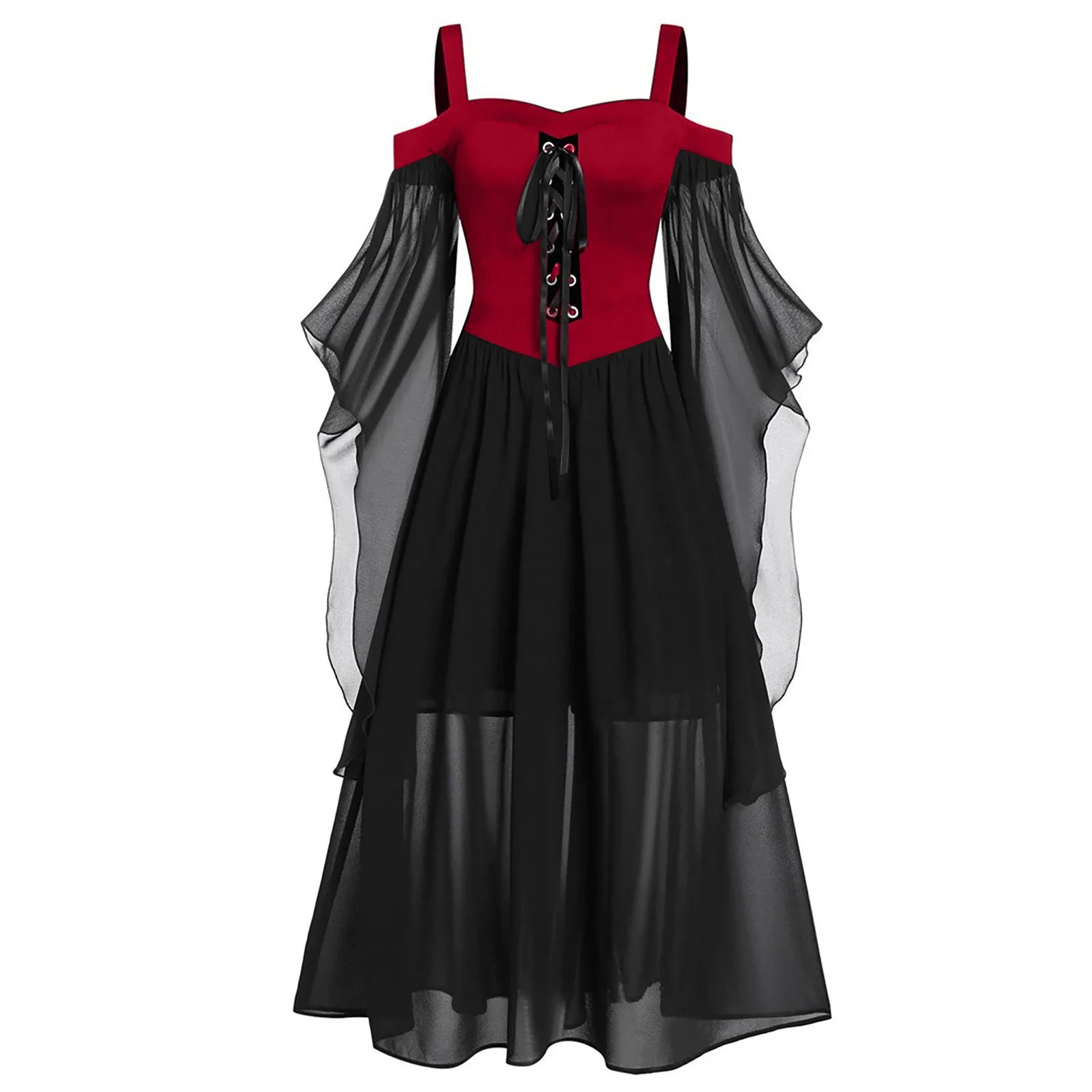 2022 Gothic Medieval Dress Cosplay Carnival Dresses Women Cold Shoulder Butterfly Sleeve Lace Up Halloween Dress Robe Femme