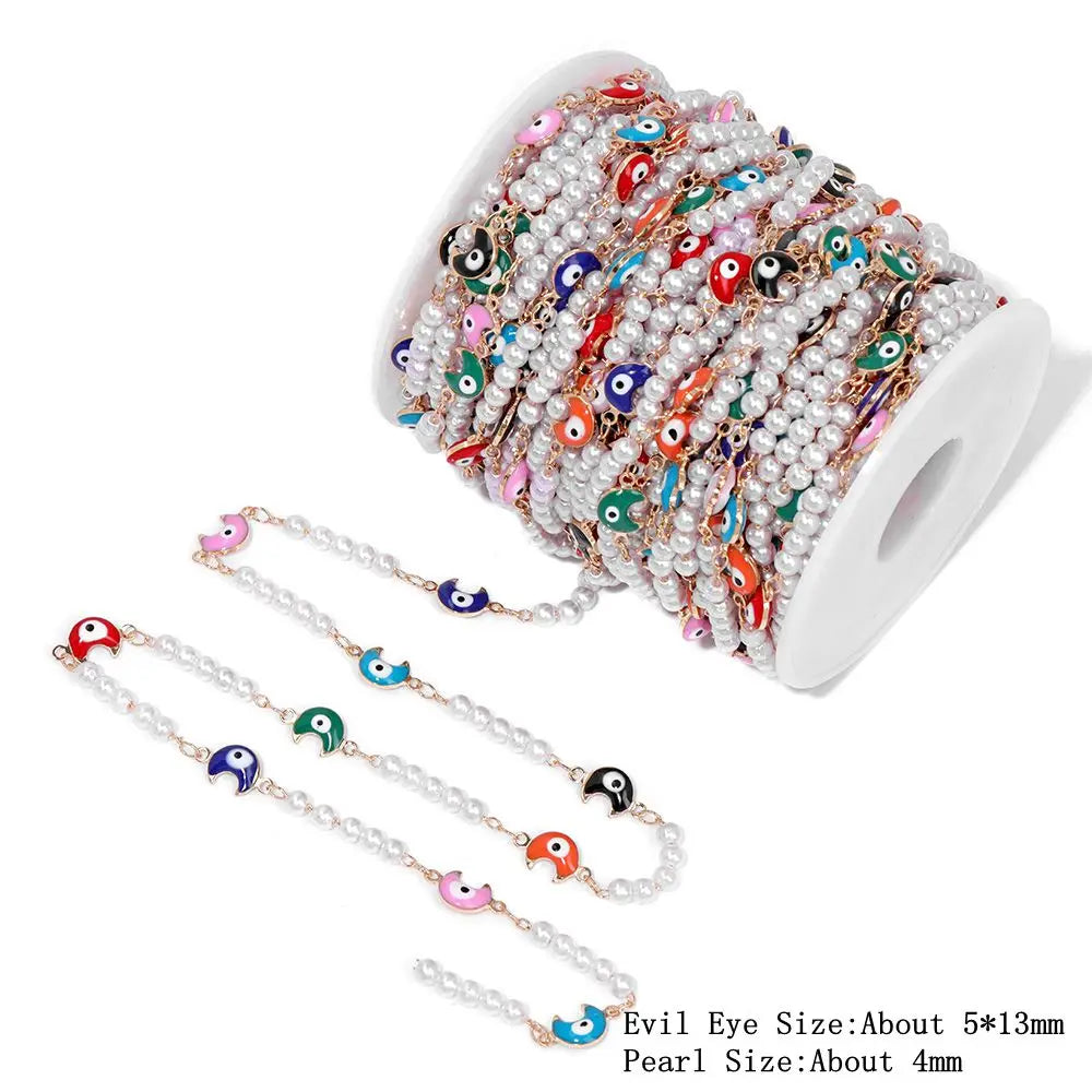 Colorful Evil Eye Beads Chains Stainless Steel Link Pearl Beaded Chains Turkey Eye Link Chain for Necklace Making Jewelry DIY