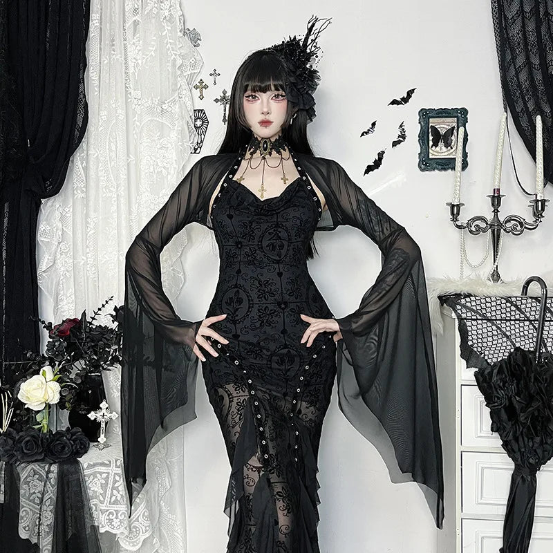 AltGoth Halloween Gothic Mesh Smock Women Vintage Streetwear Witch See Through Bat Sleeve Crop Blouse Sexy Cosplay Clothes Femme