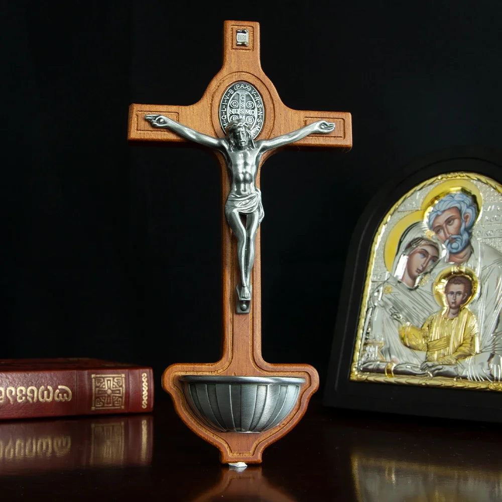 HTISOK Catholic Cross with Holy Water Wooden Wall Cross for Church and Home Decor Православный крест