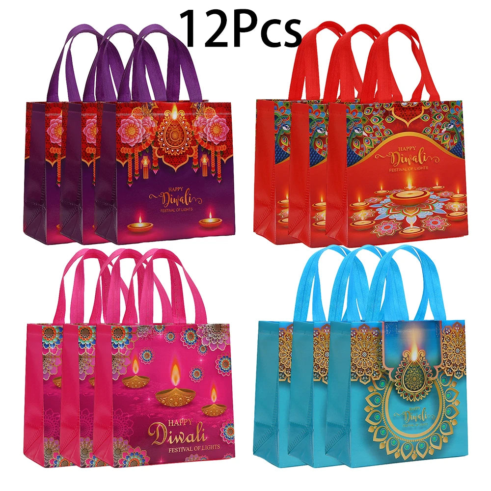 12Pcs Happy Diwali Theme Non-Woven Gift Packing Bag Candle Shopping Tote Bag for India Diwali Festival Party Favors Bag Decor