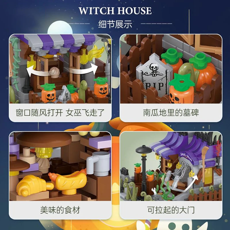 Halloween Toys Building Blocks Assembly Pumpkin House Ghost House Witch Science Monster Friend Party Decor Model Kids Gifts