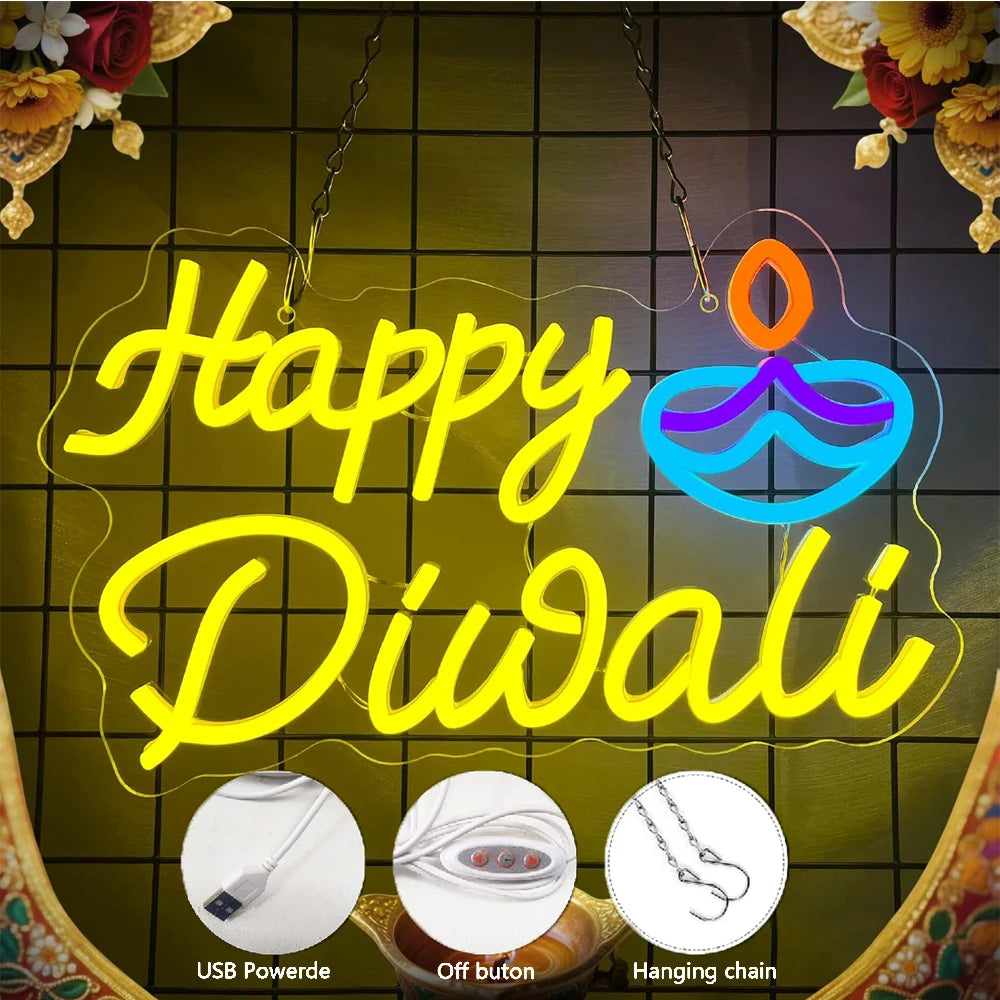 Happy Diwali Neon Lights, Home Diwali Decoration, Indian Festival Decoration Luminous Signs, Dimmable Led Neon Lights Suitable F