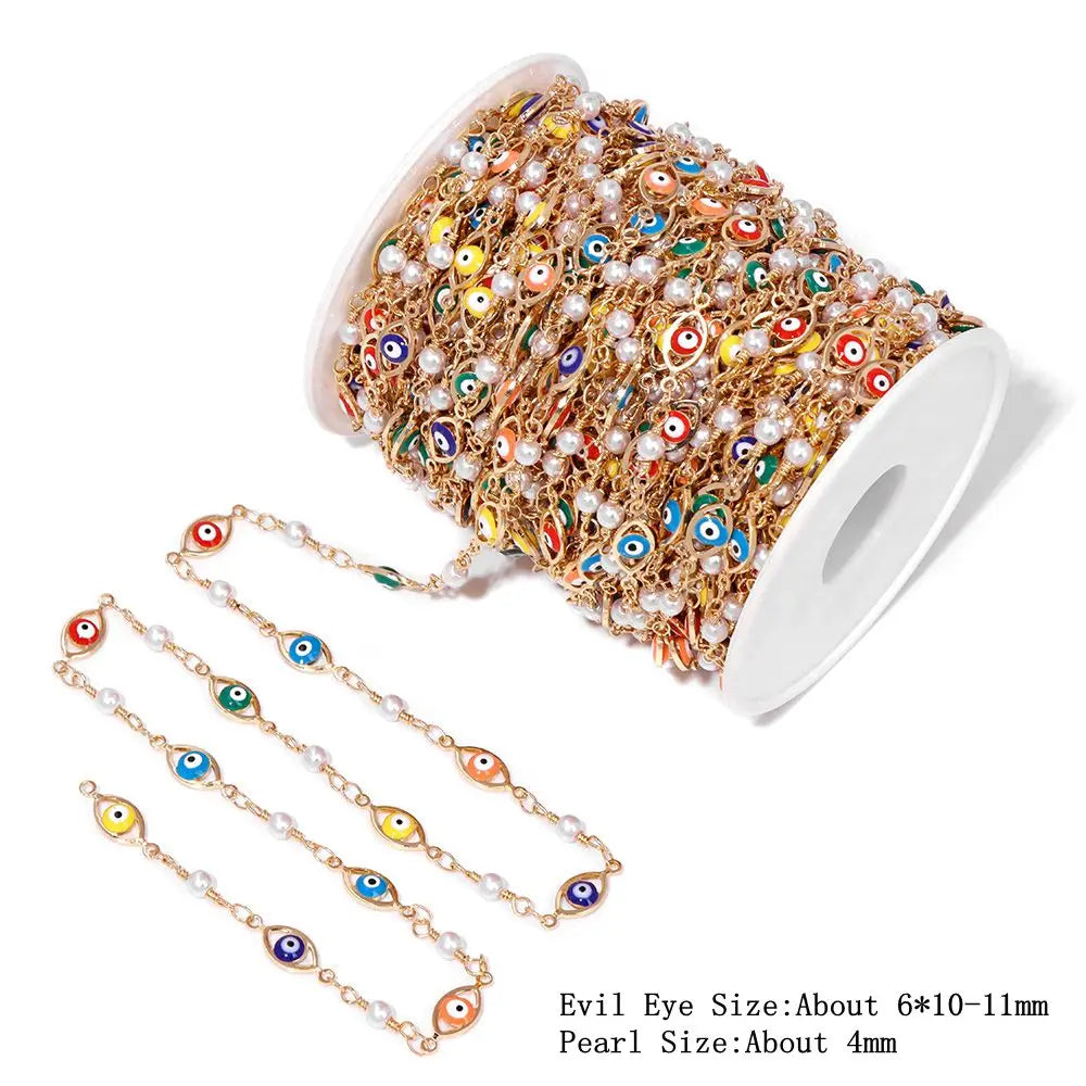 Colorful Evil Eye Beads Chains Stainless Steel Link Pearl Beaded Chains Turkey Eye Link Chain for Necklace Making Jewelry DIY