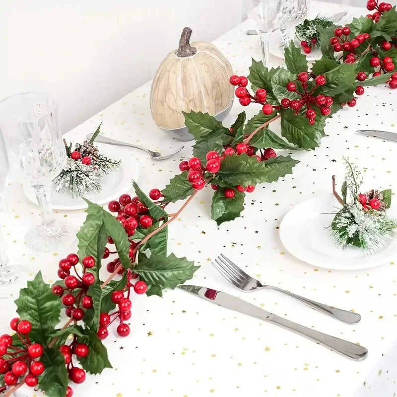 Christmas Garland with Red Berry Artificial Flowers Plant Door Table Christmas Decor Hanging Rattan For Stairs Railing Fireplace