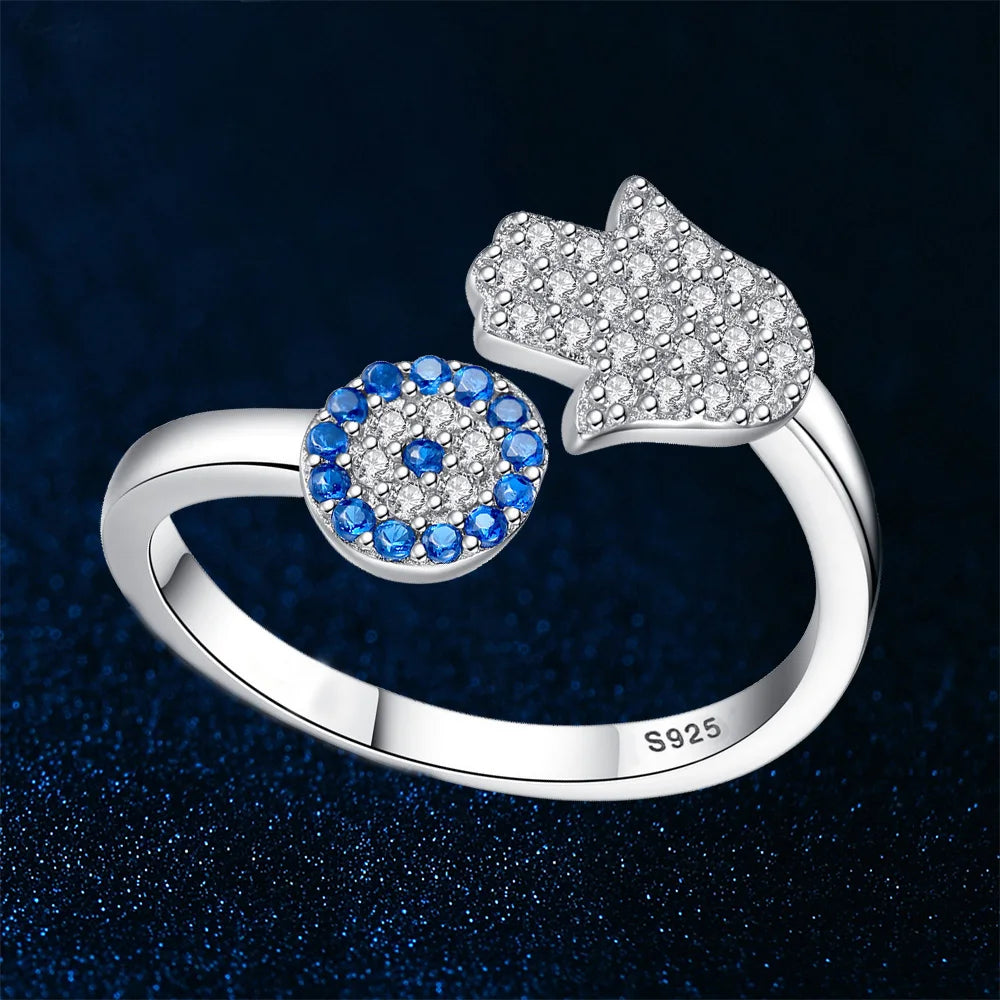 Trendy 925 Sterling Silver Evil Eye Crystal Adjustable Rings For Women Party Fashion Jewelry Anniversary Gift Wholesale