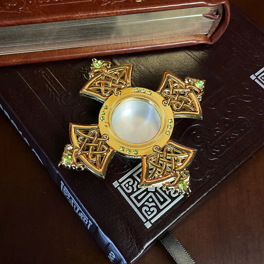 HTISOK Orthodox Holy Water Vessel Gold Plated Alloy with Celtic Cross Church Sanctuary Family Spiritual Space Religious Decor