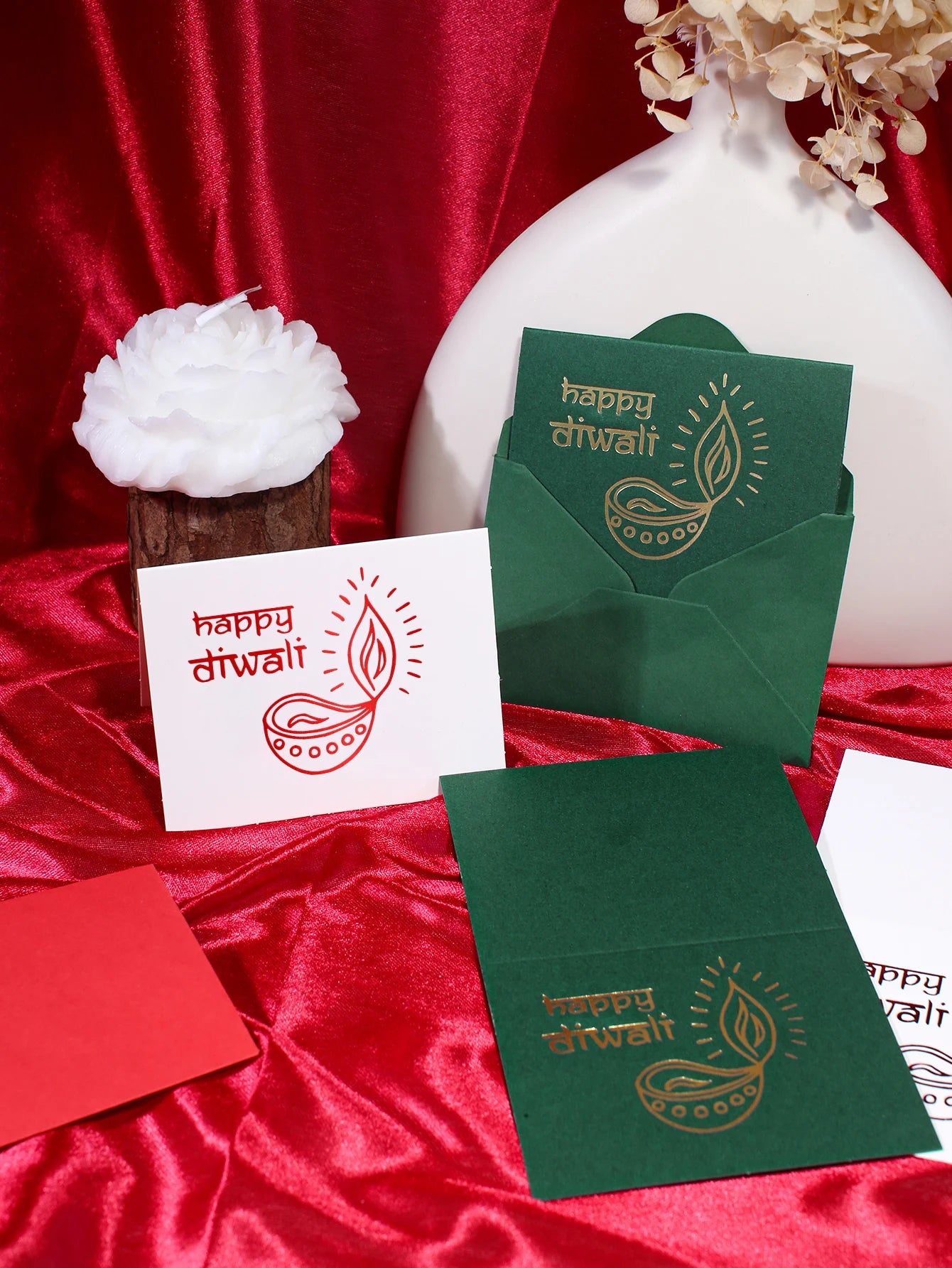 Diwali Greeting Cards and Envelopes Set, "Happy Diwali" with Diya Print, Assorted Colors (Green/Red/White), Festive Diwali Stati