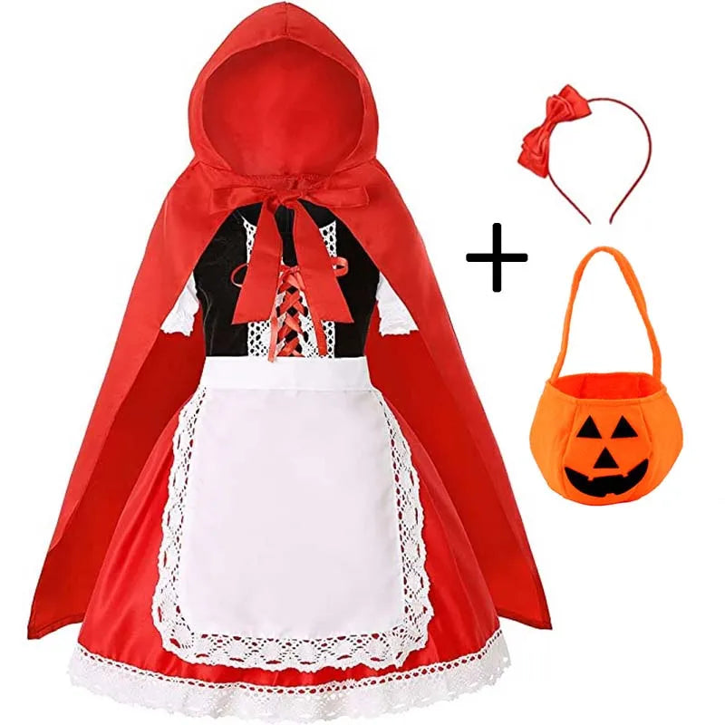 Girls Little Red Riding Hood Cosplay Children's Costume Princess Halloween Dress Headband + Pumpkin Bag Set Dresses for Girls