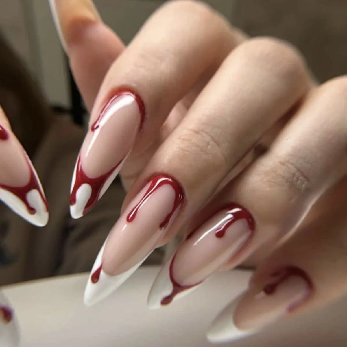 Halloween Red Bloodstain False Nails Long Coffin Ballet Full Cover Press on Nails Detchable Full Cover Fake Nail Patches 24pcs