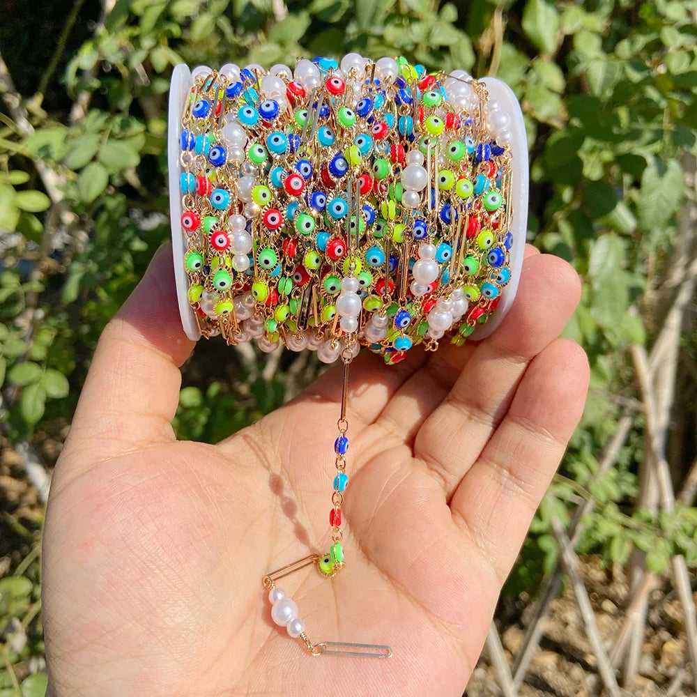 Colorful Evil Eye Beads Chains Stainless Steel Link Pearl Beaded Chains Turkey Eye Link Chain for Necklace Making Jewelry DIY