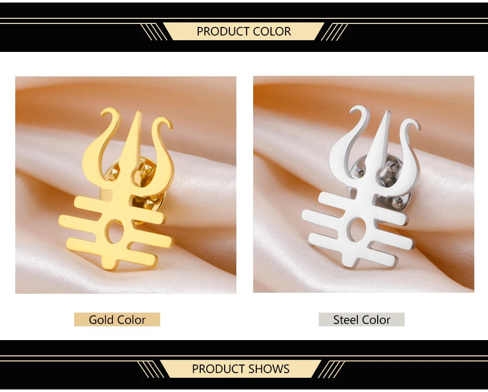 Dawapara Lord Shiva Trident Brooch Mantra Buddhism Hindu God Blessing Symbol Lapel Pins Stainless Steel Jewelry