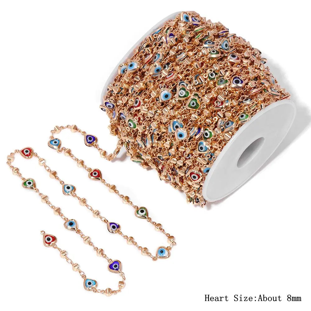Colorful Evil Eye Beads Chains Stainless Steel Link Pearl Beaded Chains Turkey Eye Link Chain for Necklace Making Jewelry DIY