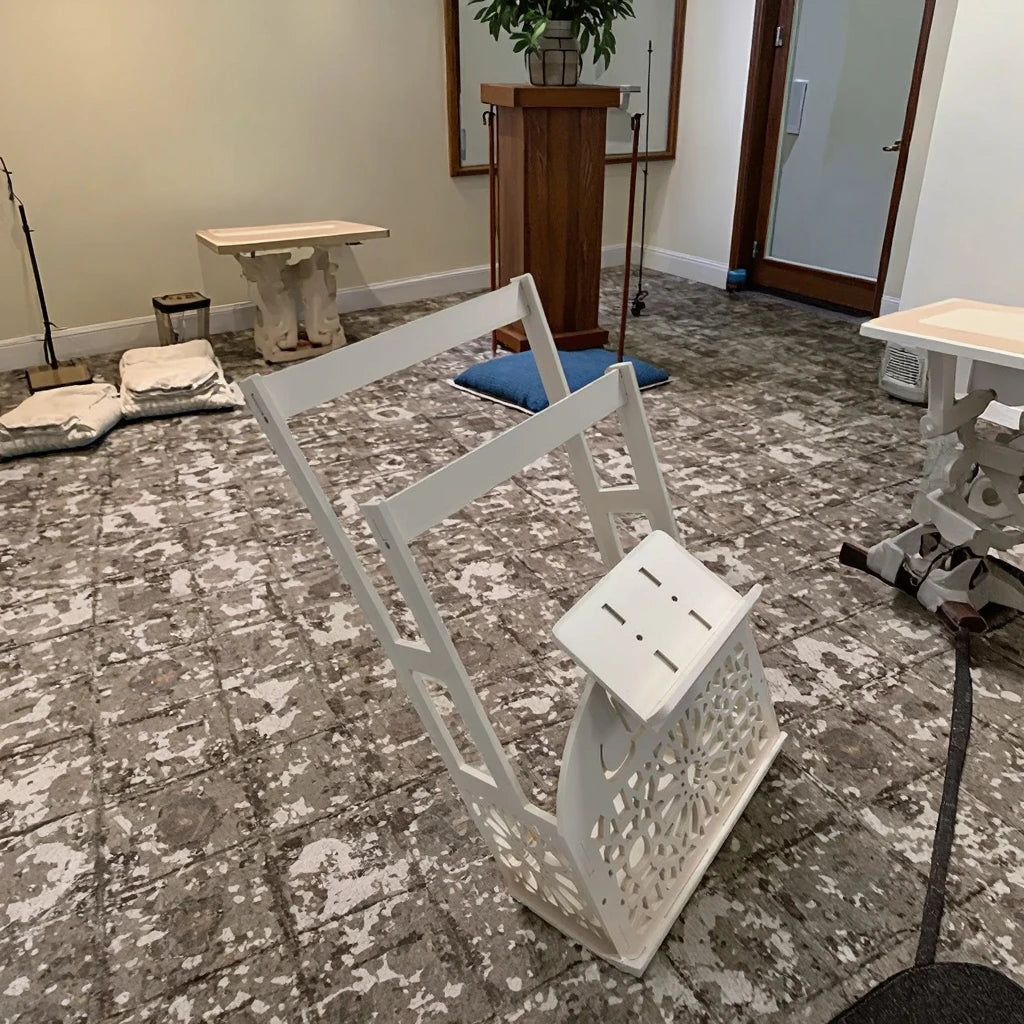 Decorative Wooden Prayer Rack via Shelf with Standing Prayer Mat Installation