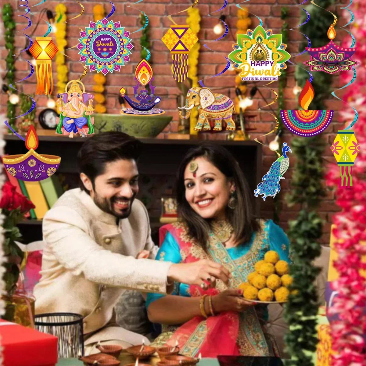 12Pcs/Pack Happy Diwali Party Spiral Banner Swirl Hanging Garland for India Diwali Festival Theme Party Photo Props Decoration