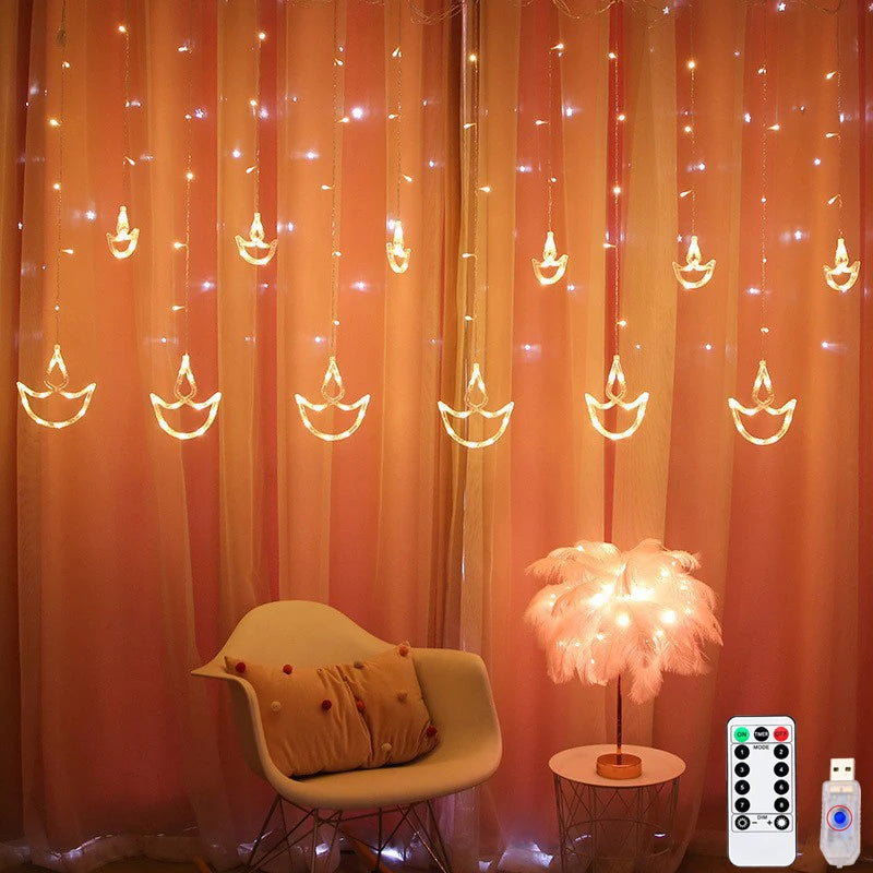 Diwali String Lights Usb Plug Diya Curtain Light Festival Lamp for Wall Window Bedroom Decor Indoor Outdoor Eid al-Fitr Muslims