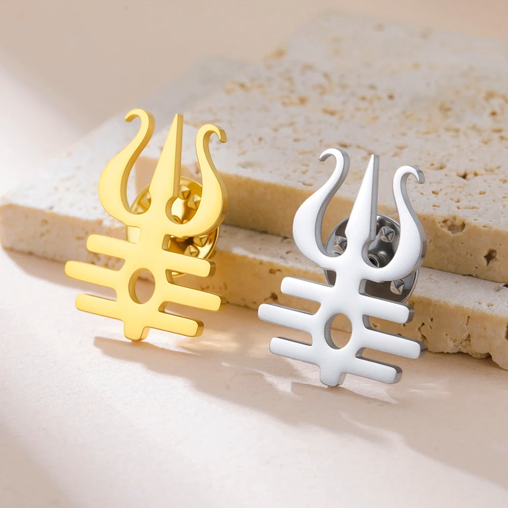 Dawapara Lord Shiva Trident Brooch Mantra Buddhism Hindu God Blessing Symbol Lapel Pins Stainless Steel Jewelry