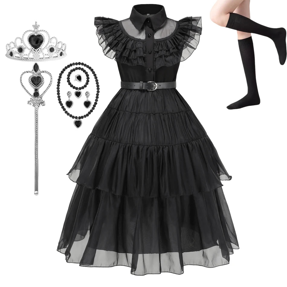 Girls Wednesdays Dress Movie Adams Halloween Cosplay Costume Family Kids Gothic Fantasia Vestidos Party Outfits Dress