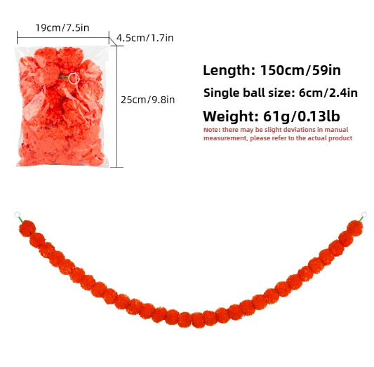 Plastic Marigold Flower Garland Artificial Festival Wreath for Diwali Celebration Day of The Dead Christmas Party Supplies