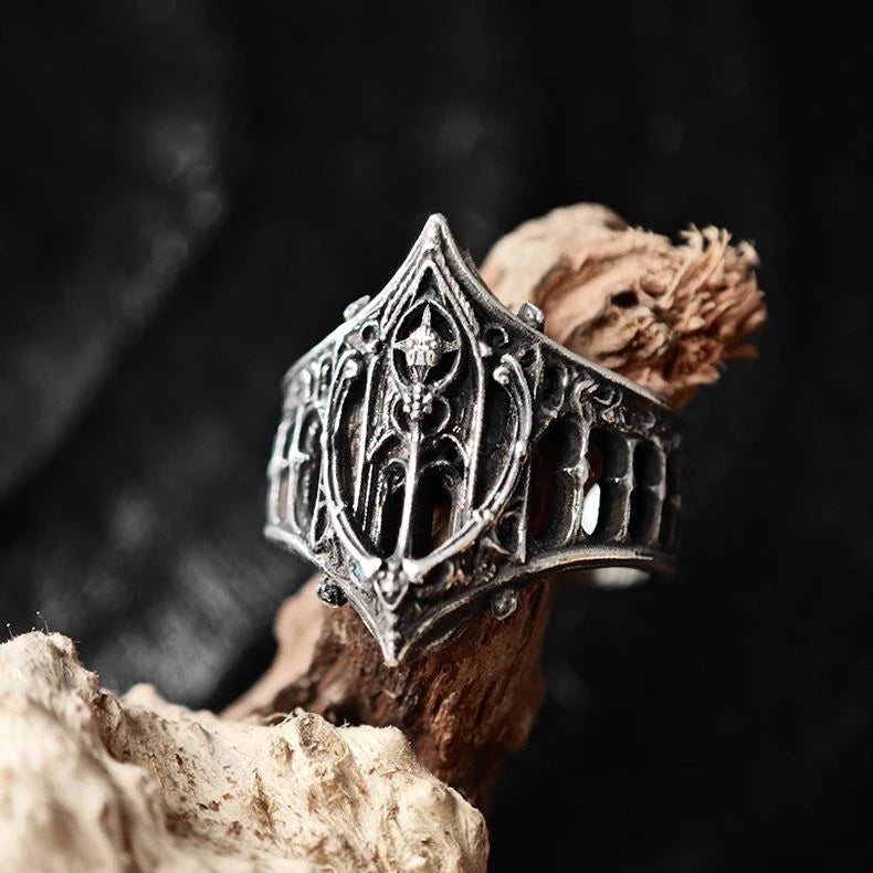 LATS Retro Personality Ancient Silver Color Hollowed-out Relief Crown Castle Rings for Women Men Halloween Trend Gothic Jewelry