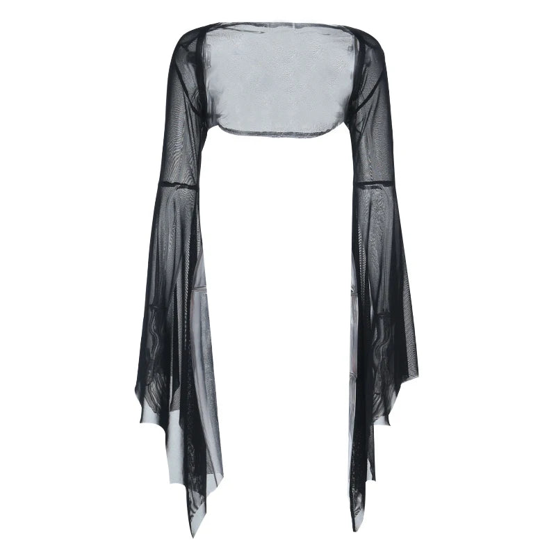 AltGoth Halloween Gothic Mesh Smock Women Vintage Streetwear Witch See Through Bat Sleeve Crop Blouse Sexy Cosplay Clothes Femme