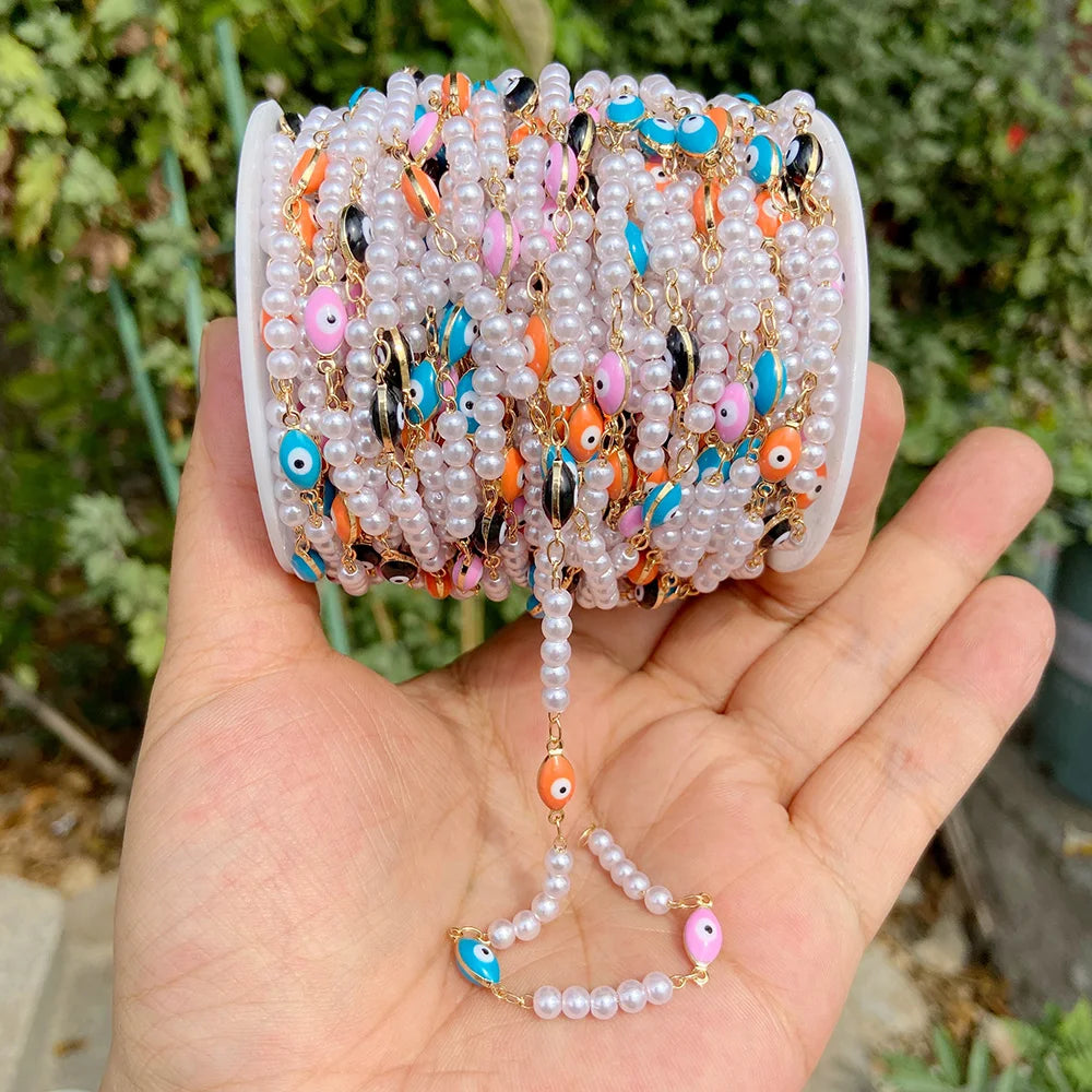 Colorful Evil Eye Beads Chains Stainless Steel Link Pearl Beaded Chains Turkey Eye Link Chain for Necklace Making Jewelry DIY