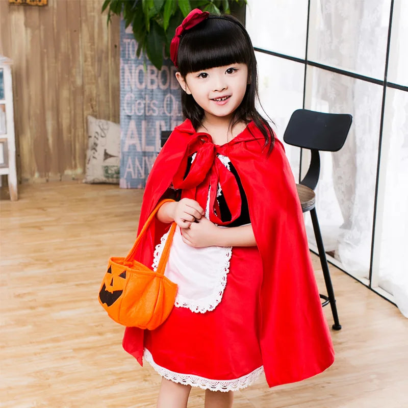 Girls Little Red Riding Hood Cosplay Children's Costume Princess Halloween Dress Headband + Pumpkin Bag Set Dresses for Girls