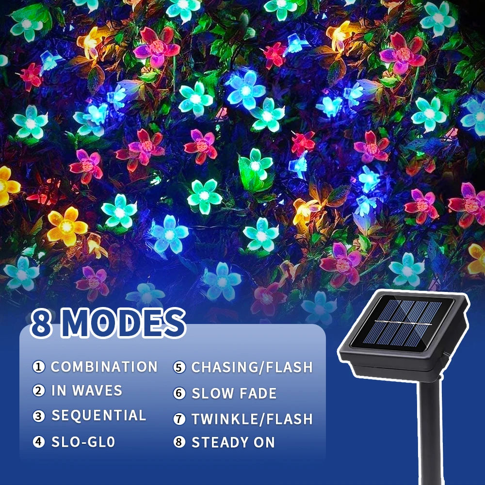 Solar decorative lights, outdoor waterproof 8 modes, cherry blossom lights, Christmas garden party decoration