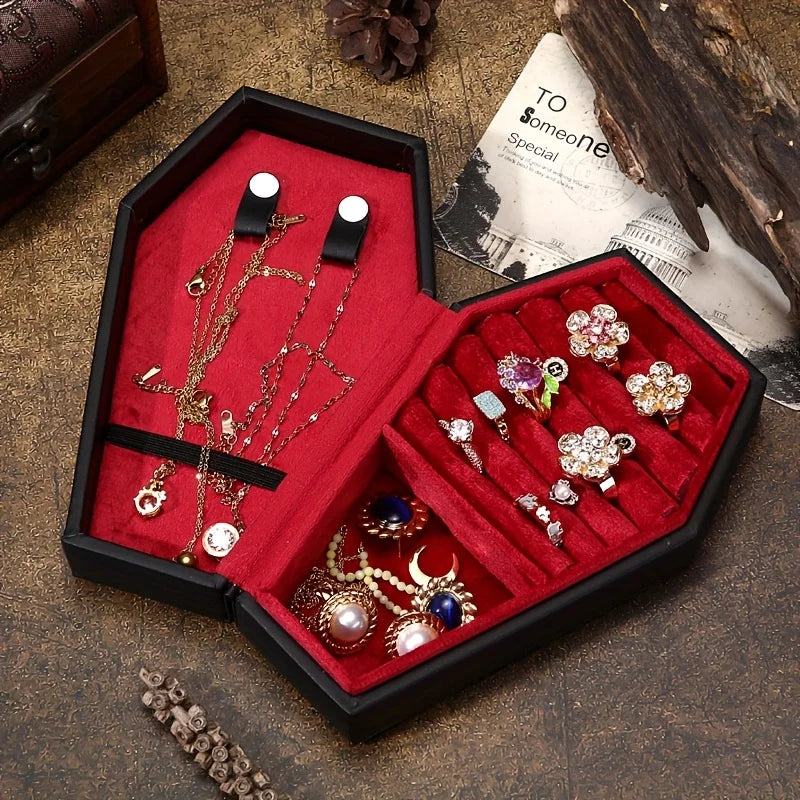 1/2pcs Gothic Coffin-Shaped Jewelry Box PU Leather Multi-Compartment Organizer for Rings Necklaces Earring Halloween Gift Case