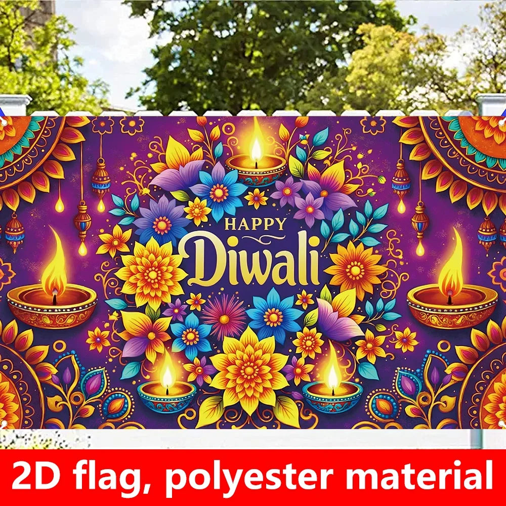 1 extra large Diwali decoration flag, dark purple background Indian festival party banner, floral pattern