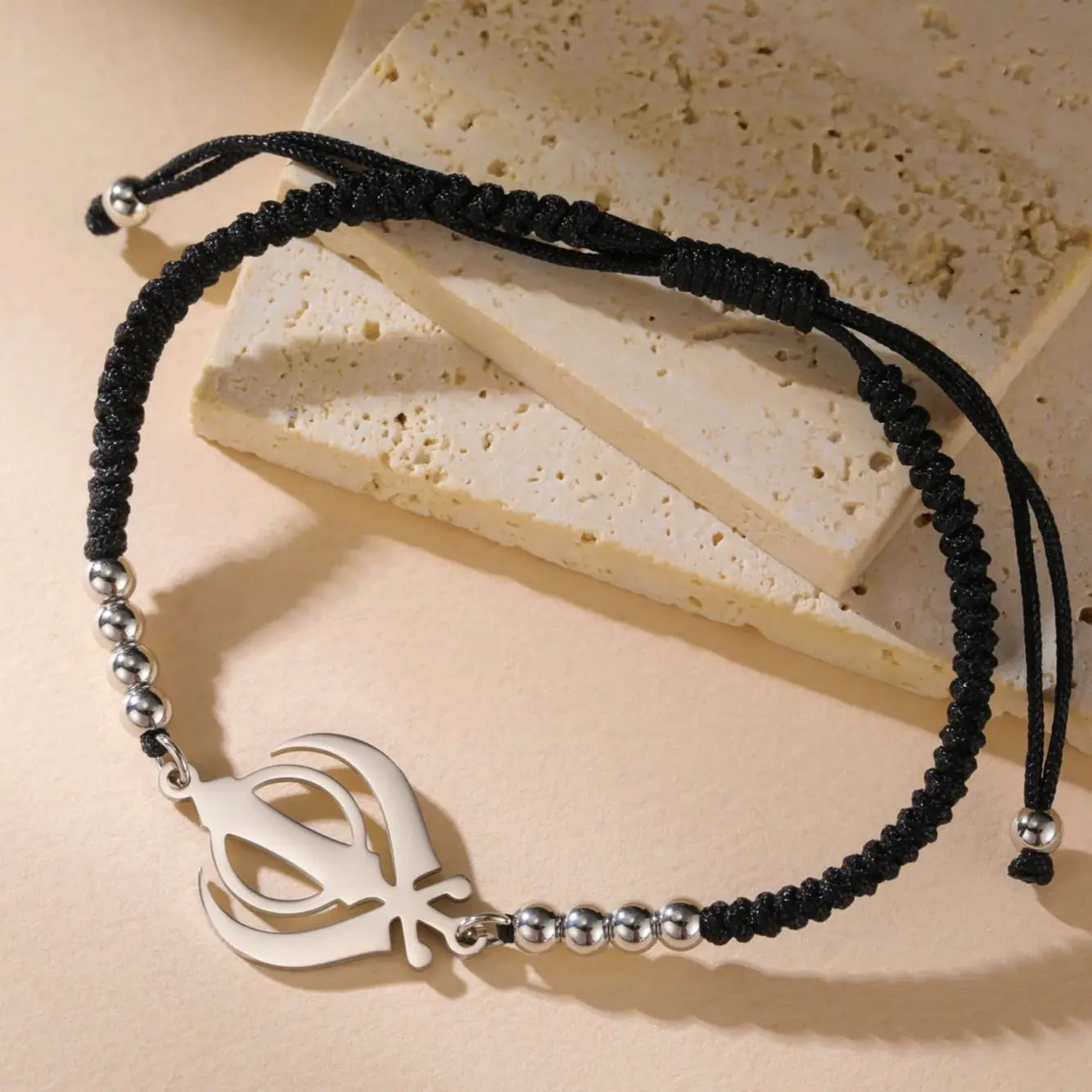 LIKGREAT Sikhism Adjustable Rope Bracelets for Women Men Stainless Steel Sikh Khanda Indian Pakistan Punjab Religious Jewelry