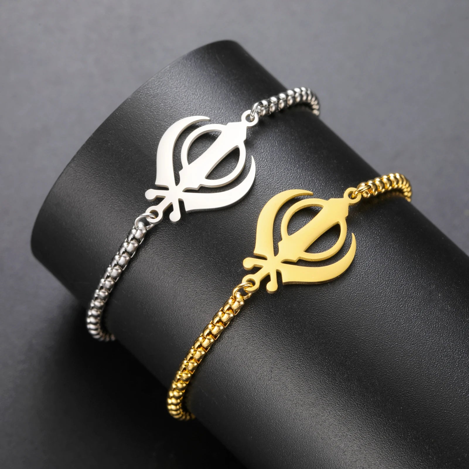 LIKGREAT Sikhism Adjustable Rope Bracelets for Women Men Stainless Steel Sikh Khanda Indian Pakistan Punjab Religious Jewelry