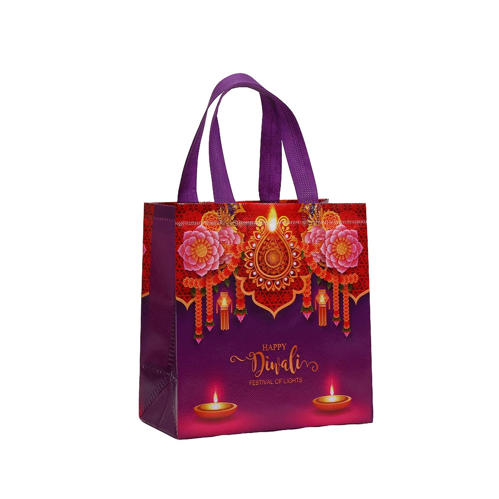 12Pcs Happy Diwali Theme Non-Woven Gift Packing Bag Candle Shopping Tote Bag for India Diwali Festival Party Favors Bag Decor