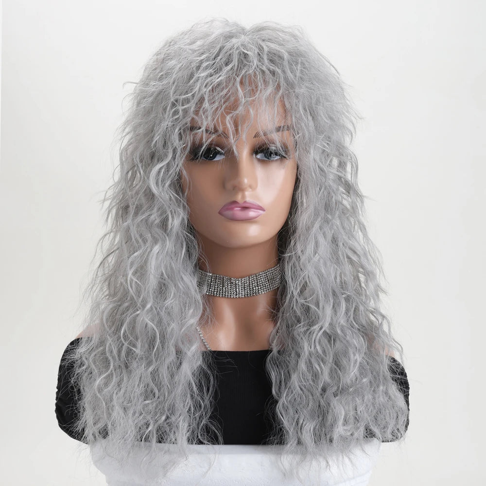 Women’s 70s 80s Style Long Synthetic Curly Hair Wig Glam Rock Rocker Wig Perfect for Halloween Cosplay  DIY Themed Costume Party