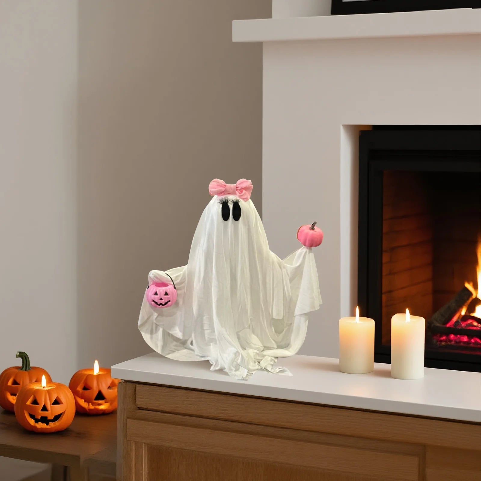 Halloween Ghost Holding Pink Pumpkin Halloween Decorations Indoor Spooky Ghost Decor Halloween Party Desktop Decoration Ornament