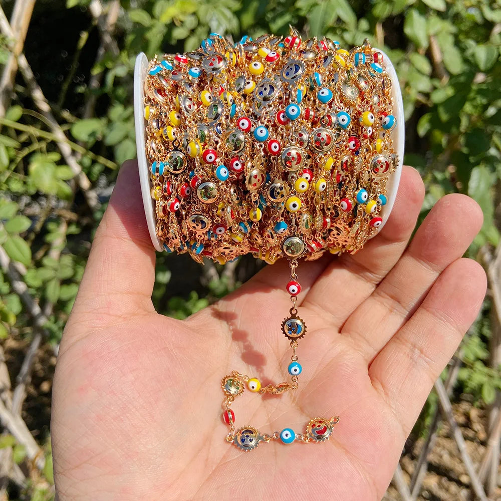 Colorful Evil Eye Beads Chains Stainless Steel Link Pearl Beaded Chains Turkey Eye Link Chain for Necklace Making Jewelry DIY