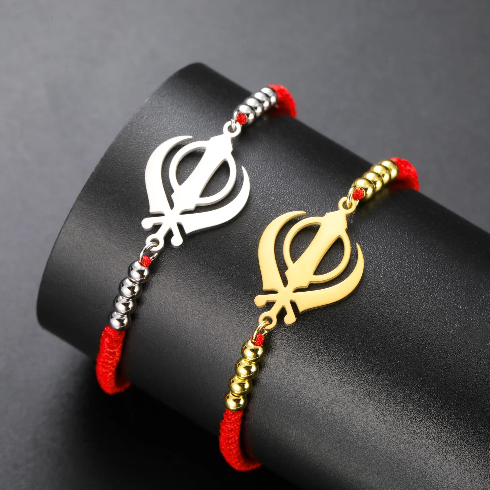 LIKGREAT Sikhism Adjustable Rope Bracelets for Women Men Stainless Steel Sikh Khanda Indian Pakistan Punjab Religious Jewelry