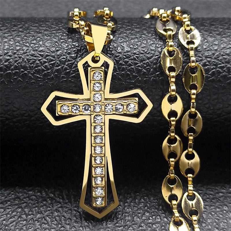 Jesus Cross Crucifix Pendant Necklace for Men Stainless Steel Gold Color Christian Coffee Bean Chain Jewelry croix chrétienne
