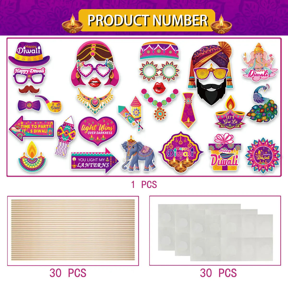 30Pcs/Set Happy Diwali Theme Photo Booth Props Candle Elephant Dress Up Paper Masks for India Diwali Festival Party Decoration