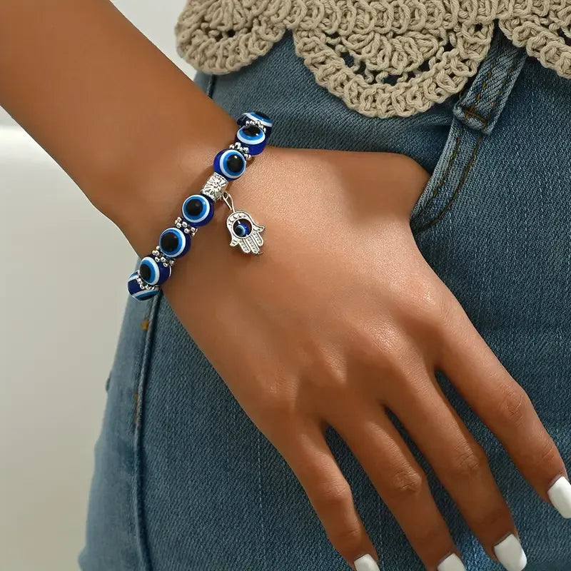 Evil Eye Beaded Bracelet w/Hand Charm | Adjustable Boho Jewelry, Blue Eyes Beaded Minimalist, Vintage Chic Everyday Wear